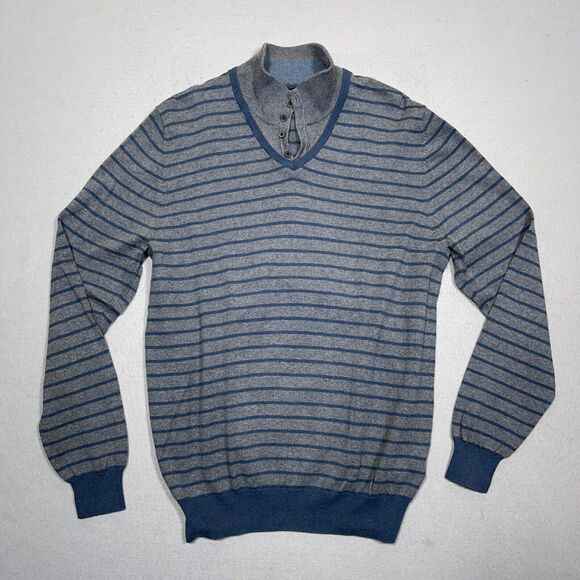 VTG Massimo Dutti Cotton Cashmere Blue Stripe Collared V Neck Button Sweater Y2K - Picture 1 of 10